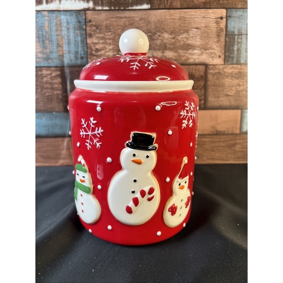 Hallmark Other - Hallmark‎ Christmas Snowman Cookie Jar Canister Red Holiday Decor 9"5 X 6.5"